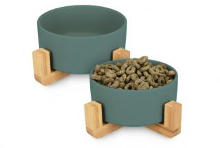 Zelené keramické misky Navaris 2x 850ml pro kočky a pejsky s dřevěnými stojánky (Ceramic Elevated Cat Bowls - Raised Double Food and Water Bowl Set for Cats and Small Dogs with Wood Stands - No Spill Eco Friendly Pet Bowls)