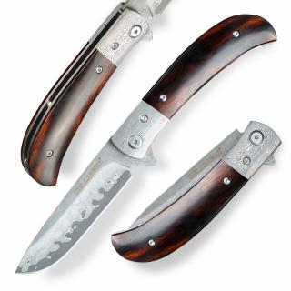 Lovecký zavírací damaškový nůž dellinger scorpion iron-wood flipper