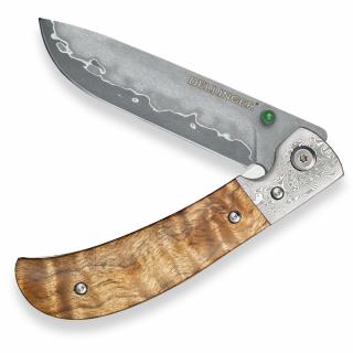 Lovecký zavírací damaškový nůž Dellinger scorpion maple burl-wood Flipper