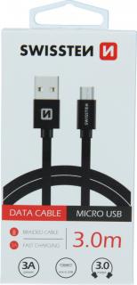 Datový kabel swissten textile usb / micro usb 3,0 m černý