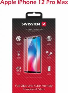 Sklo swissten full glue, color frame, case friendly pro apple iphone 12 pro max černé