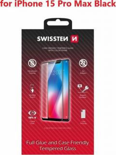 Sklo swissten full glue, color frame, case friendly pro apple iphone 15 pro max černé