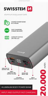 Swissten aluminum power bank 20000 mah 20w power delivery grey