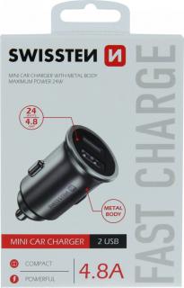 Swissten cl adaptér 2x usb 4,8a metal stříbrný