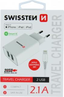 Swissten síťový adaptér smart ic 2x usb 2,1a power + datový kabel usb / lightning mfi 1,2 m bílý