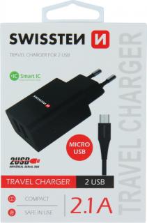 Swissten síťový adaptér smart ic 2x usb 2,1a power + datový kabel usb / micro usb 1,2 m černý