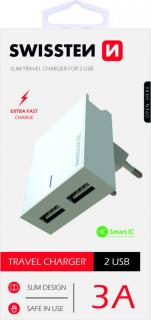 Swissten síťový adaptér smart ic 2x usb 3a power bílý