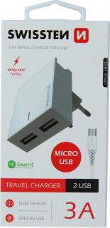 Swissten síťový adaptér smart ic 2x usb 3a power + datový kabel usb / micro usb 1,2 m bílý