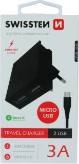 Swissten síťový adaptér smart ic 2x usb 3a power + datový kabel usb / micro usb 1,2 m černý