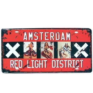 Cedule plechová SPZ retro AMSTERDAM red light district (dobová tabule - evidenční značka Amsterdamu)