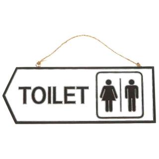 Dřevěná tabule TOILET bílá šipka (oboustranná směrová cedule 32x12 cm)