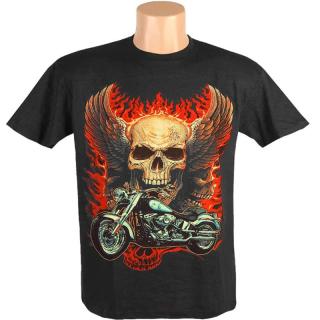 Pánské triko Motorcycle Winged Skull (Pánské triko černé ohnivou lebkou a motorkou cruiser)