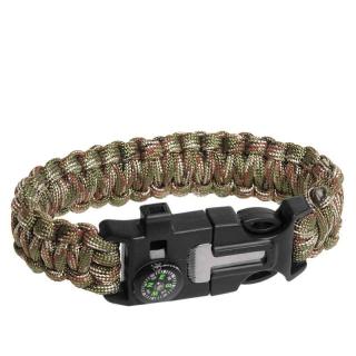 Paracord náramek s křesadlem a kompasem woodland (taktický náramek na přežití)