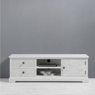 Bílý designový stolek pod TV s ozdobnými dvířky, 45x140 cm