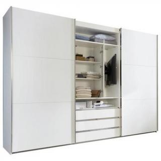 Částečně otevřená ložnicová skříň s místem na televizi, posuvné dveře + šuplíky, bílá, 65x300x216 cm