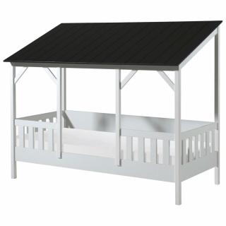 Dětská dřevěná domečková postel ke stěně 90x200 cm bílá + černá střecha