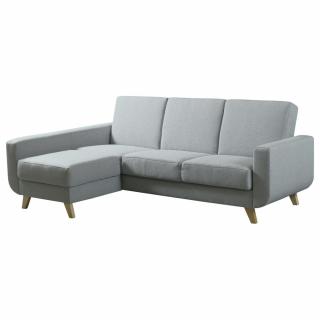 Klasická pohodlná látková sedací souprava do L šedá, dřevěné nožky, rozkládací, úl. prostor, 228 cm, p. roh
