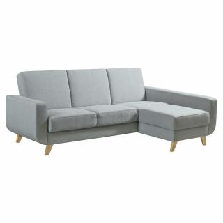 Klasická pohodlná látková sedací souprava do L šedá, dřevěné nožky, rozkládací, úl. prostor, 228 cm