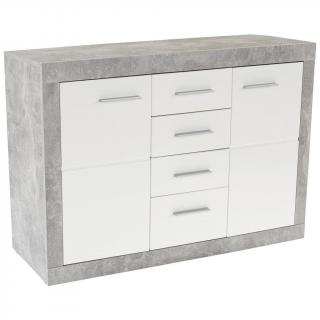 Komoda sideboard bílá / šedá- imitace betonu, široký rám, 35x138x86 cm