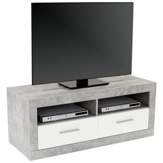 Menší kříňka komoda po tv, polička na audio a hifi, šedá- imitace betonu / bílá, 42x128x50 cm