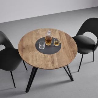 Moderní kulatý jídelní stůl dřevo / tmavě šedá, dvojité šikmé nohy, průměr 90 cm