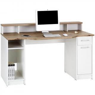 Pracovní stůl na PC bílý s dřevěnou horní deskou, nástavba, skříňka + šuplík