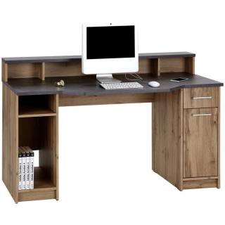 Pracovní stůl na PC dřevěný se šedou hodní deskou, nástavba, skříňka + šuplík