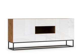 Široká designová komoda sideboard dub artisan / bílá lesklá 180x80x40 cm