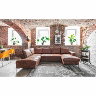 Velká sedací souprava do U ve vintage stylu, vzhled broušené kůže + tenké kovové nohy, 304x198 cm