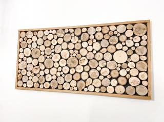 Nástěnný obraz z dřevěných kulatin Rám: Dub, Rozměr: 1200 x 400 (mm)