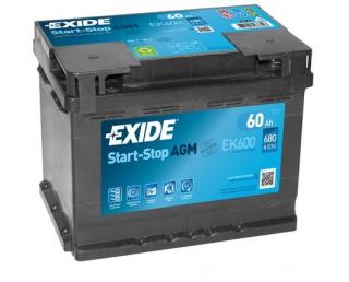 Exide Start-Stop AGM 12V 60Ah 680A EK600  česká distribuce, připravena k použití + výkup staré autobaterie při doručení nové