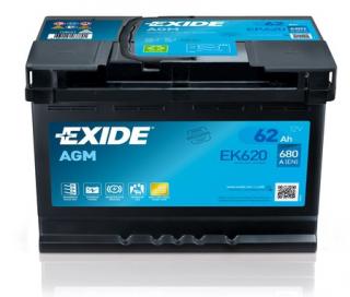 Exide Start-Stop AGM 12V 62Ah 680A EK620  česká distribuce, připravena k použití + výkup staré autobaterie při doručení nové