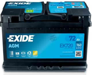 EXIDE Start-Stop AGM 12V 72Ah 760A EK720  česká distribuce, připravena k použití + výkup staré autobaterie při doručení nové