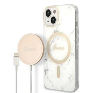 Guess Marble MagSafe Kompatibilní Zadní Kryt + Bezdrátová Nabíječka pro iPhone 14 White