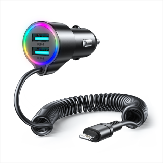 Joyroom 3v1 rychlá autonabíječka 2x USB + lightning kabel 1.5m 17W Černá