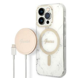 Pouzdro Guess case + nabíjecí set Apple iPhone 14 Plus Marble MagSafe (gubpp14lhmeacsh) bílé