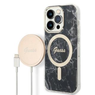 Pouzdro Guess set + nabíječka iPhone 14 Pro GUBPP14LHMEACSK Marble MagSafe černé