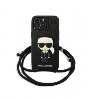 Pouzdro Karl Lagerfeld iPhone 13 Pro / 13 Leather Monogram Patch and Cord Iconik černé