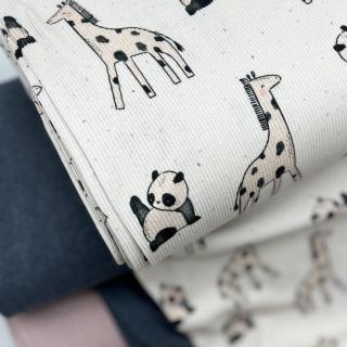 COTTON RIB - Jemný žebrovaný úplet - Panda a žirafa písková s tečkami - Hanke design