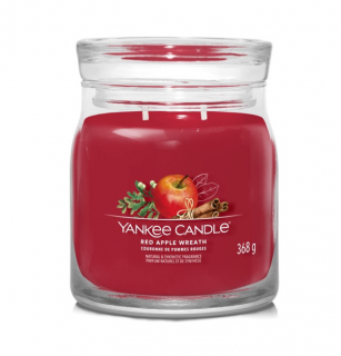 Vánoční Vonná svíčka RED APPLE WREATH Yankee Candle Signature střední - 368 g (Věnec z červených jablíček - Sváteční aroma sladkých jablek, skořice, vlašských ořechů a zázvoru.)