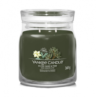 Vánoční Vonná svíčka SILVER SAGE  PINE Yankee Candle Signature střední - 368 g (Stříbrná šalvěj a borovice - Svěží šalvěj a chladná vůně svěží borovice je půvabně snoubí s hřejivým dotekem kůže, smyslné ambry a zemitého mechu.)