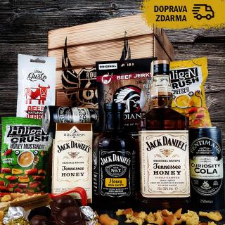 Bedna s páčidlem Jack Daniels Contraband | Dárek pro muže | Dárkový koš v opálené bedně | Dárek pro chlapa a muže s whisky