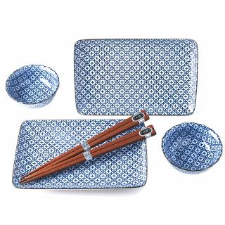 Sushi Set Blue & White Geometric Flowers 4 ks s hůlkami