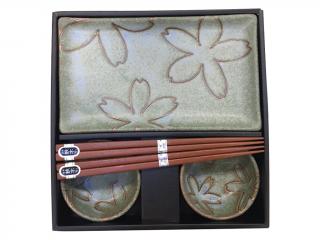 Sushi Set Green with Stylized Flowers 4 ks s hůlkami