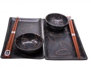 Sushi Set Matt Black s květinovým motívem 4 ks s hůlkami