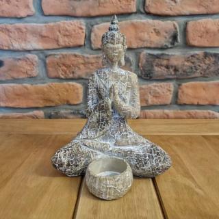 Budha svícen polyresin 21,5cm patina K0435