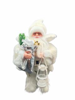 Vánoční dekorace, zpívající a tančící bílý Santa Claus držící lucernu a nosící dárky, 36cm