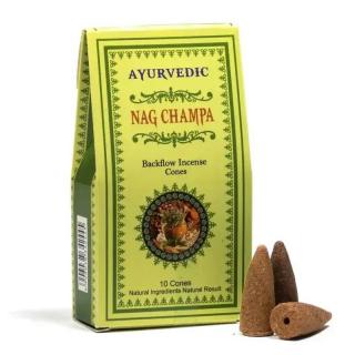 Ayurvedic Nag Champa | Vonné kužely Tekoucí dým 10ks (Ayurvedic jsou originální vonné kužely s efektem tekoucího dýmu dovážené přímo z Indie. Jejich krásná nasládlá vůně Nag Champa s nádechem květin naplní váš domov atmosférou klidu a pohody. Doba hoření)