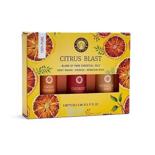 Citrus Blast | Kolekce 3x esenciálních olejů 5ml v Dárkovém balení (Objevte osvěžující sílu Citrus Blast kolekce od Song of India, která je navržena tak, aby povzbudila vaši mysl, snížila stres a posílila vaši imunitu. Sada obsahuje 3x 5ml speciální směsy