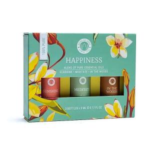 Happiness | Kolekce 3x esenciálních olejů 5ml v Dárkovém balení (Představujeme Wellness kolekci 3x5ml od Song of India, která je vyvinuta pro povzbuzení pocitů radosti a pozitivity. Exotické a svěží vůně těchto olejů uklidní vaše nervy, uvolní mysl a)